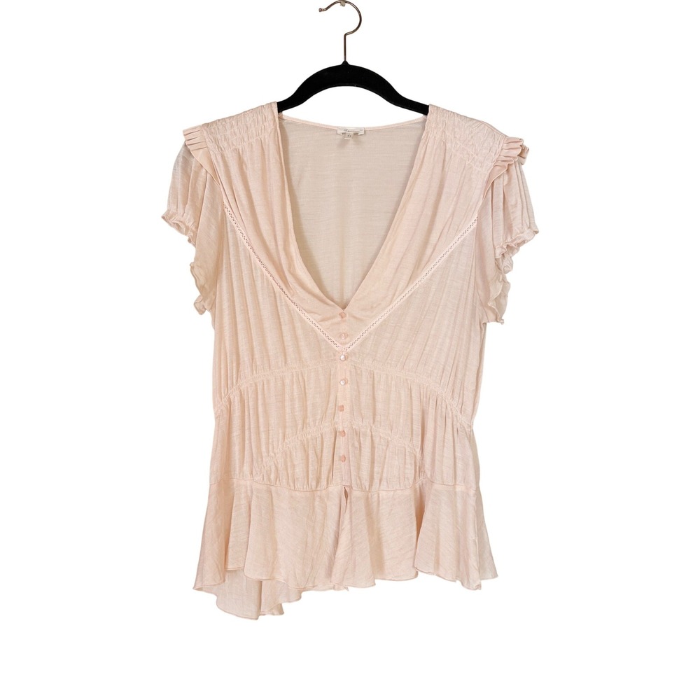 Flounce tbd Ivory Cream 100% Silk Ruffle Peplum V-Neck Tee shirt Blouse